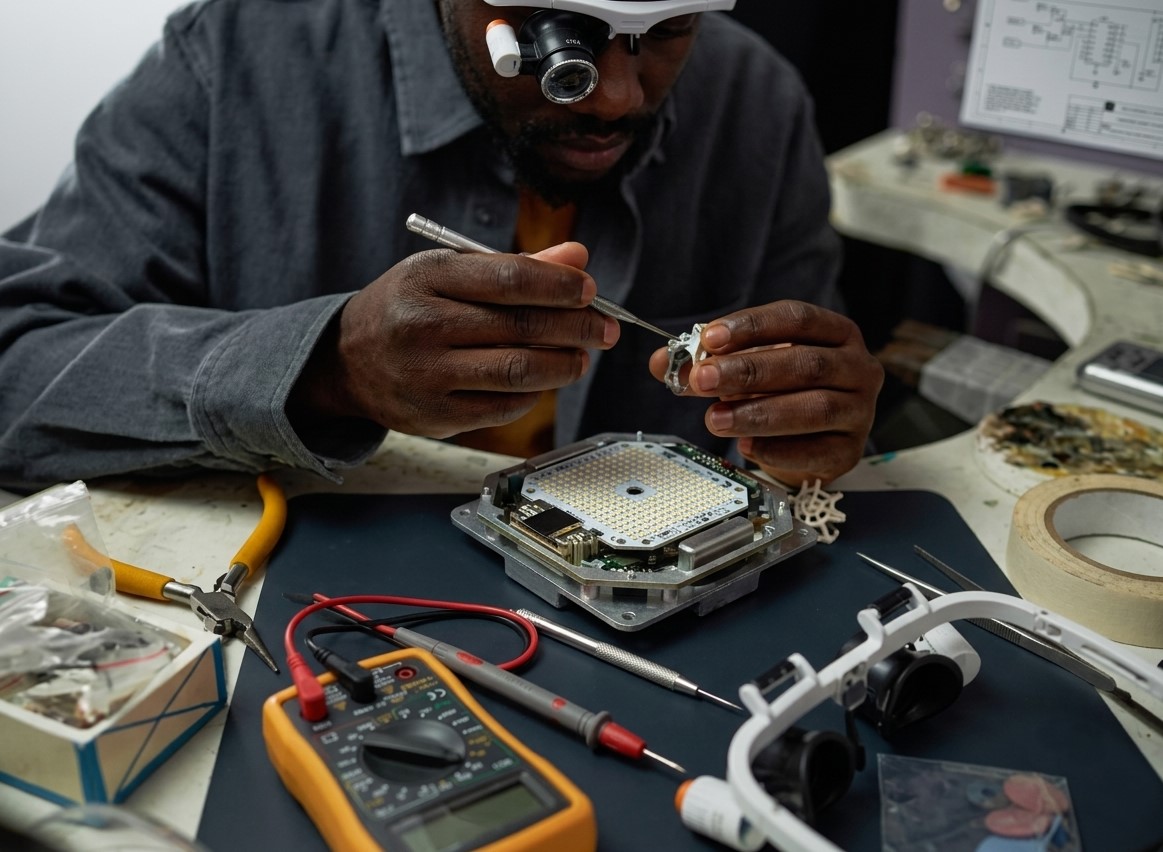 Técnico especializado em bancada realizando retrofit e recuperação de placa de circuito de luminária industrial LED para renovação de ativos industriais.