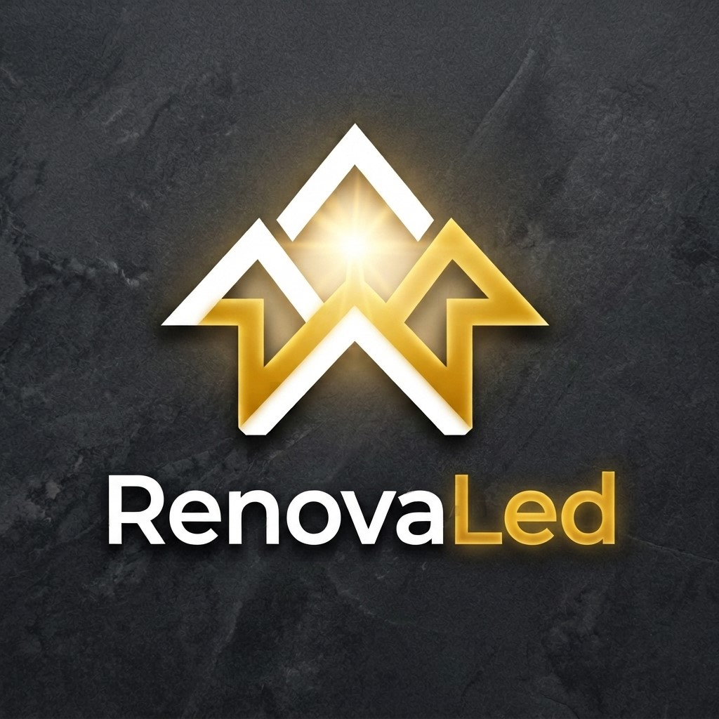 Logotipo da empresa RenovaLed com ícone dourado estilizado e texto RenovaLed sobre fundo de textura grafite.