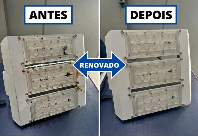 Comparação de antes e depois do recondicionamento profissional de uma luminária de LED industrial pela RenovaLed. À esquerda, o equipamento danificado com sujeira e curtos; à direita, a luminária totalmente restaurada e limpa.