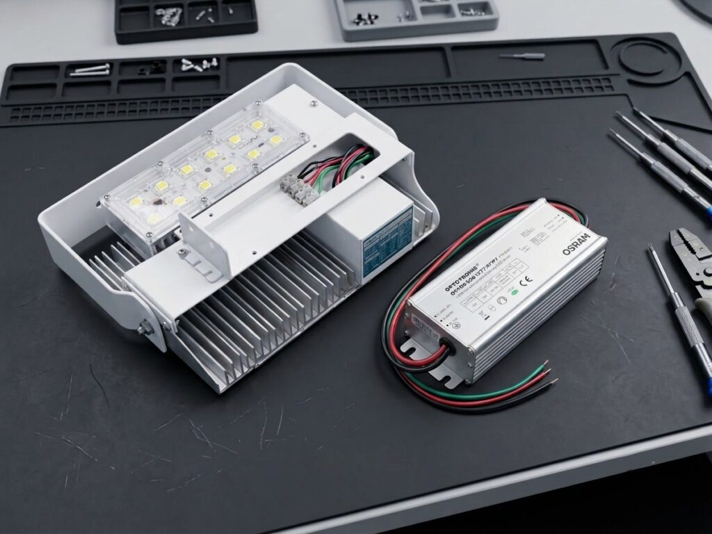 Uma luminária LED industrial de modelo modular retangular branco desmontada sobre uma manta antiestática escura de bancada técnica. Ao lado, há um driver de potência da marca Osram com fiação exposta e ferramentas de precisão como chaves de fenda e alicate decapador nas laterais.