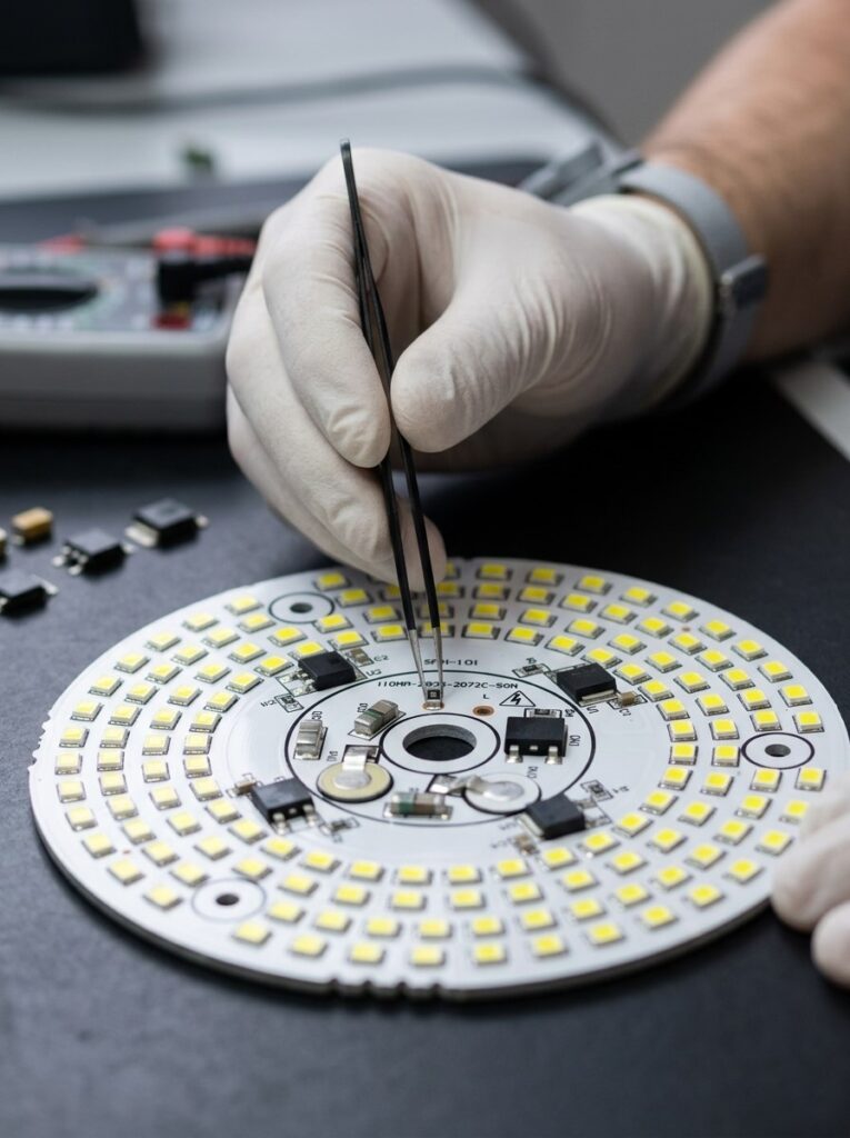 Técnico especializado realizando a manutenção e reparo de placa de circuito de luminária industrial LED em bancada, destacando processos de economia circular e sustentabilidade.