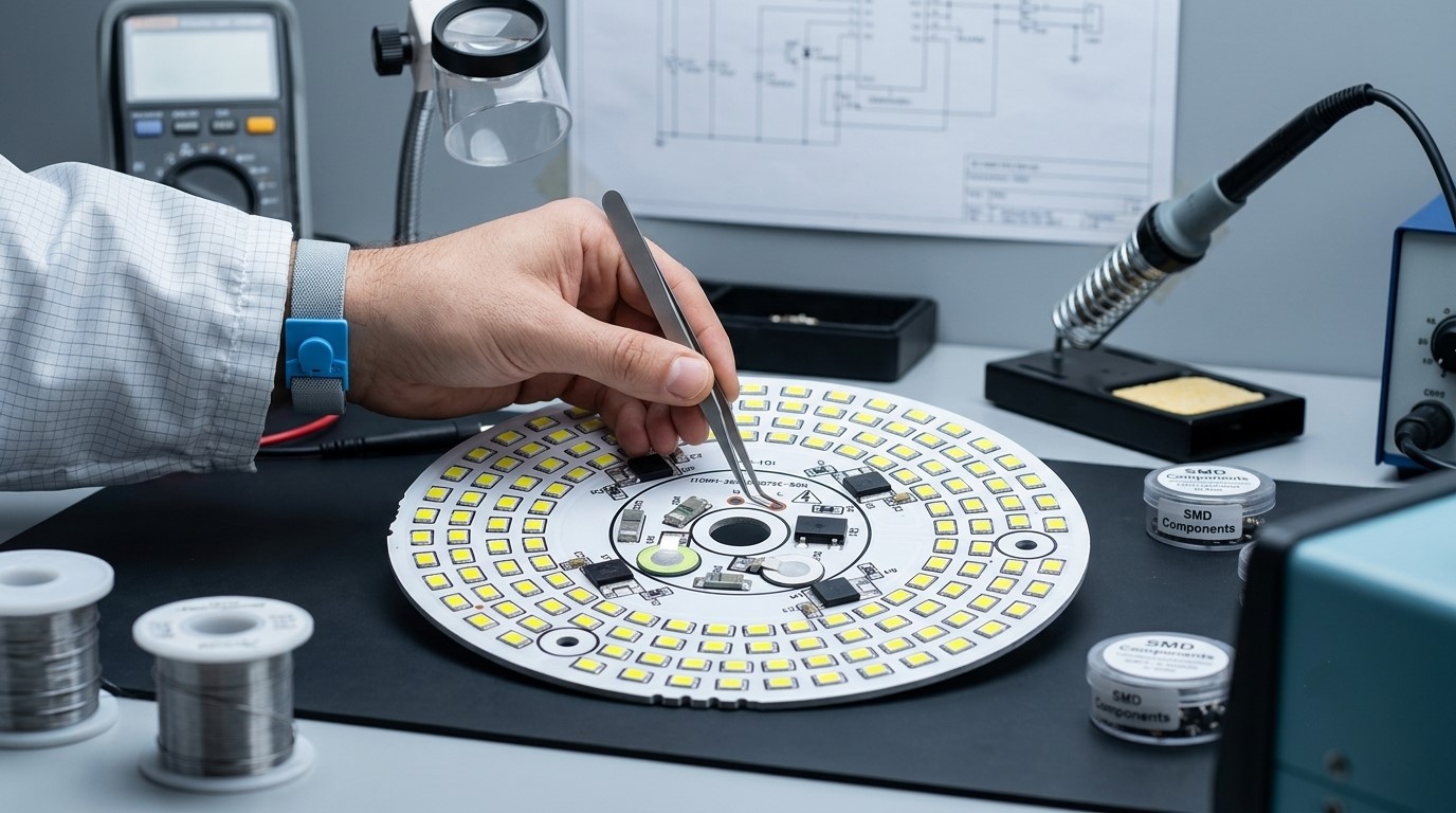 Técnico especializado realizando a manutenção e reparo de placa de circuito de luminária industrial LED em bancada, destacando processos de economia circular e sustentabilidade.