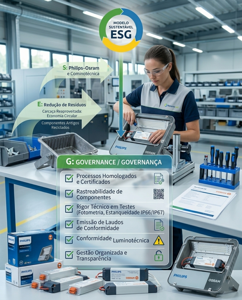 Técnica em laboratório industrial da RenovaLed realizando a manutenção e retrofit de um refletor de alta potência com componentes originais, ilustrando o modelo sustentável de Economia Circular e ESG.