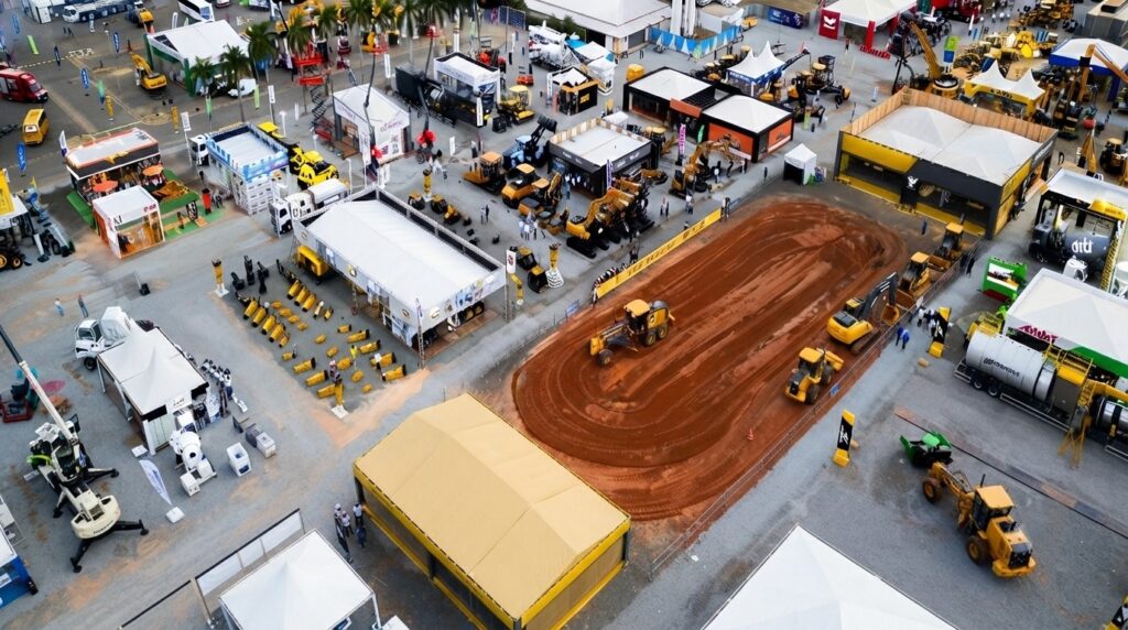 Vista aérea da feira Brazil Equipo Show exibindo máquinas pesadas de mineração e estandes industriais.