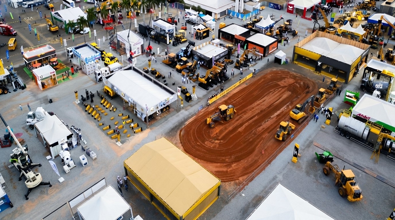 Vista aérea da feira Brazil Equipo Show exibindo máquinas pesadas de mineração e estandes industriais.