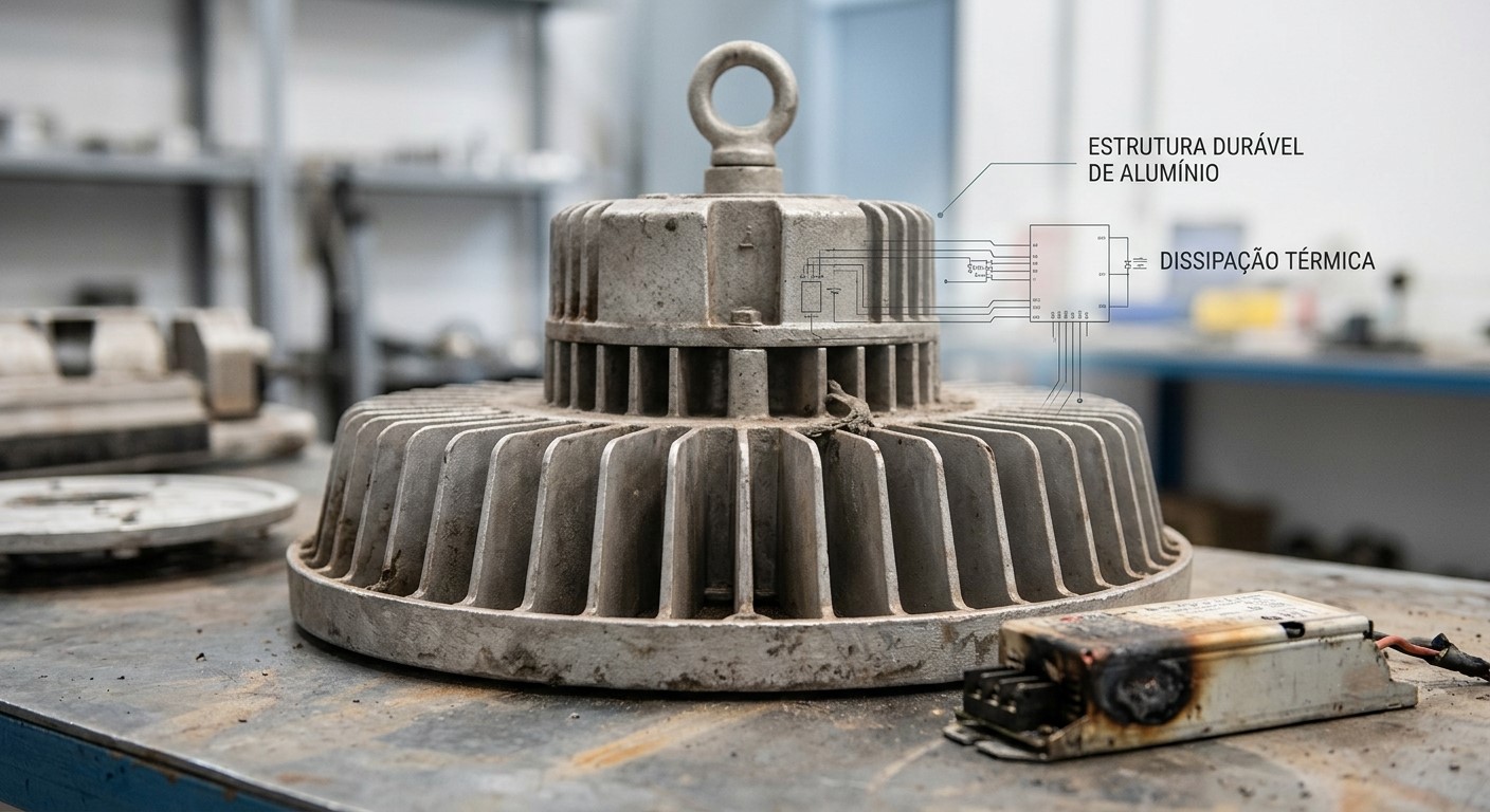 Foto em close-up de uma carcaça robusta de alumínio injetado de uma luminária industrial High Bay sobre uma bancada de oficina. Ao lado, há um driver eletrônico queimado e danificado, e grafismos na imagem apontam para a 'Estrutura Durável de Alumínio' e 'Dissipação Térmica