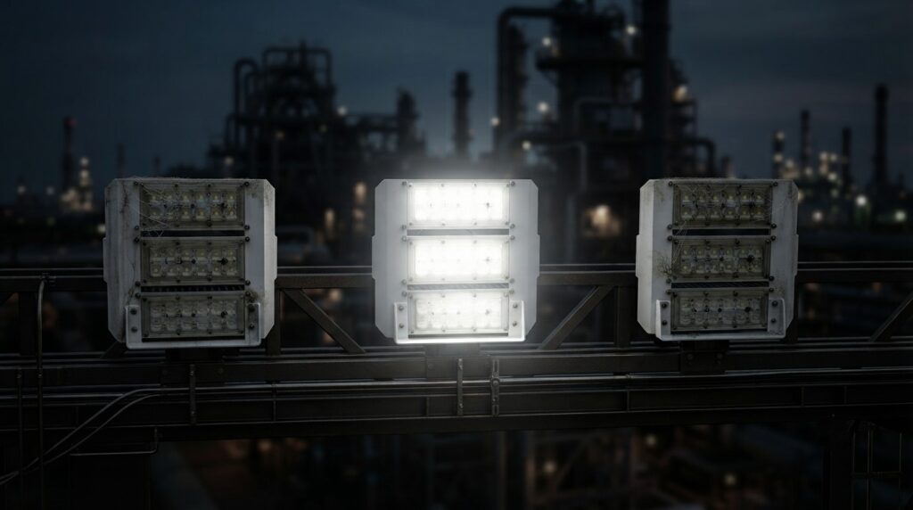 Luminárias LED industriais de alta potência em uma planta noturna: a do meio restaurada com luz branca intensa e as laterais degradadas com perda de luminosidade, representando o custo oculto de manutenção em infraestruturas pesadas