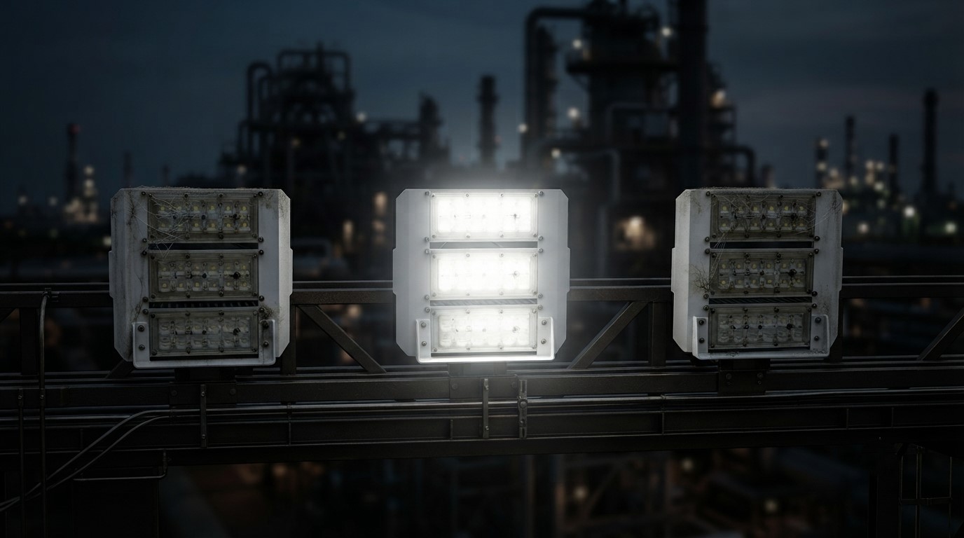 Luminárias LED industriais de alta potência em uma planta noturna: a do meio restaurada com luz branca intensa e as laterais degradadas com perda de luminosidade, representando o custo oculto de manutenção em infraestruturas pesadas