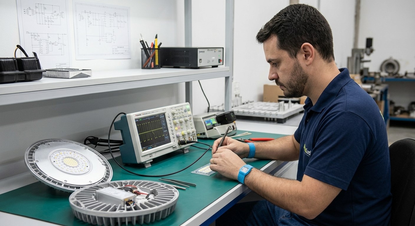 Técnico da RenovaLed focado trabalhando em uma bancada de laboratório eletrônico limpa e organizada. Ele usa uma pulseira antiestática azul e opera um osciloscópio digital para diagnosticar uma placa de circuito de LED. Componentes e carcaças de luminárias industriais desmontadas estão sobre a mesa.