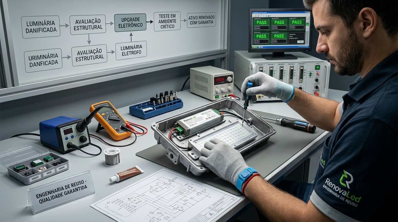 Técnico em bancada de testes realizando manutenção eletrônica e upgrade de componentes em carcaça de luminária LED industrial.