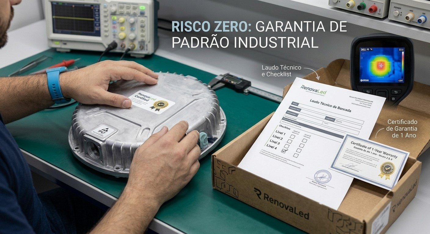 Técnico da RenovaLed finalizando manutenção de luminária industrial de alumínio ao lado de laudo técnico de bancada e certificado de garantia de 1 ano.