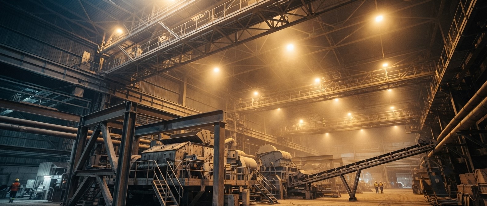 Estrutura interna de planta industrial de mineração com iluminação LED de alta potência em operação.