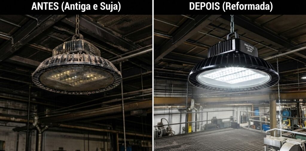 Comparativo de antes e depois de luminária industrial LED: à esquerda, luminária velha, suja e com defeitos; à direita, a mesma peça após manutenção e recondicionamento profissional realizado pela RenovaLed.