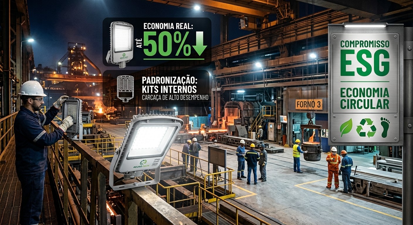 Um técnico da RenovaLed realiza a manutenção de uma luminária industrial de alta potência em uma siderurgia. No plano de fundo, o ambiente industrial é bem iluminado, destacando a eficiência e sustentabilidade do serviço de retrofit.