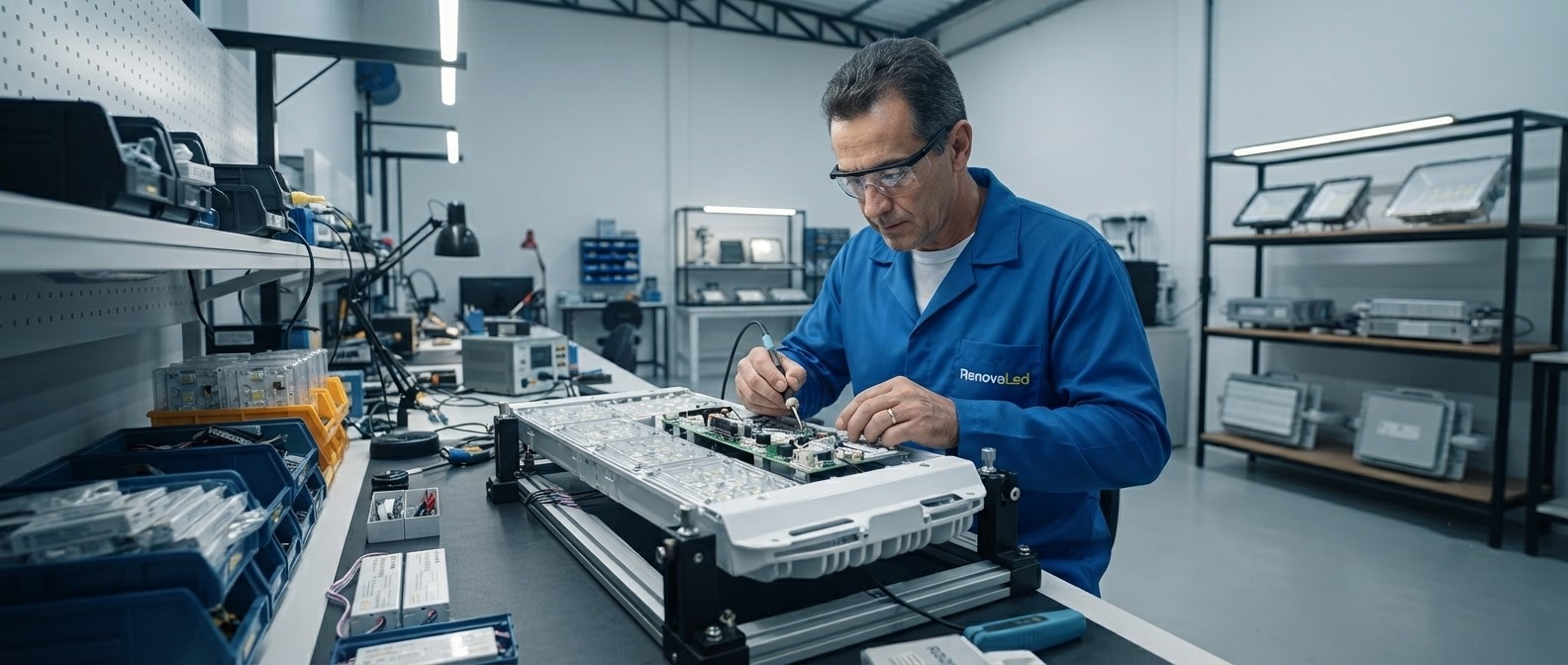 écnico especializado da RenovaLed, usando óculos de segurança e jaleco azul, realiza manutenção e solda em circuito interno de luminária LED industrial aberta sobre bancada organizada em oficina.