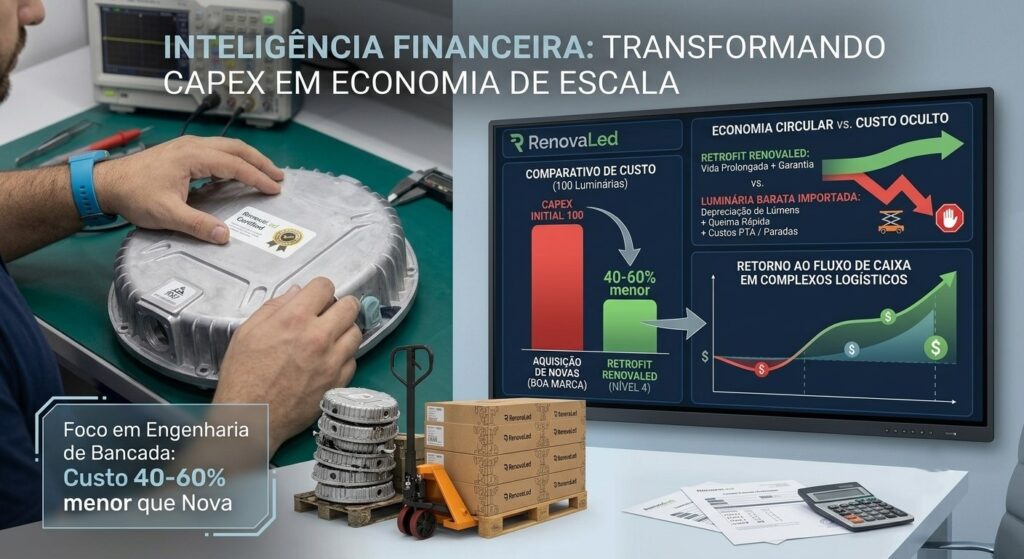 Gráfico comparativo de custos na tela mostrando economia de 40% a 60% com retrofit da RenovaLed versus aquisição de novas luminárias industriais, ao lado de técnico em bancada.