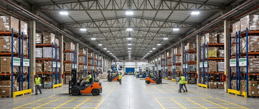 Galpão logístico industrial amplo e bem iluminado com luminárias de LED de alta potência estilo High Bay após serviço de retrofit.