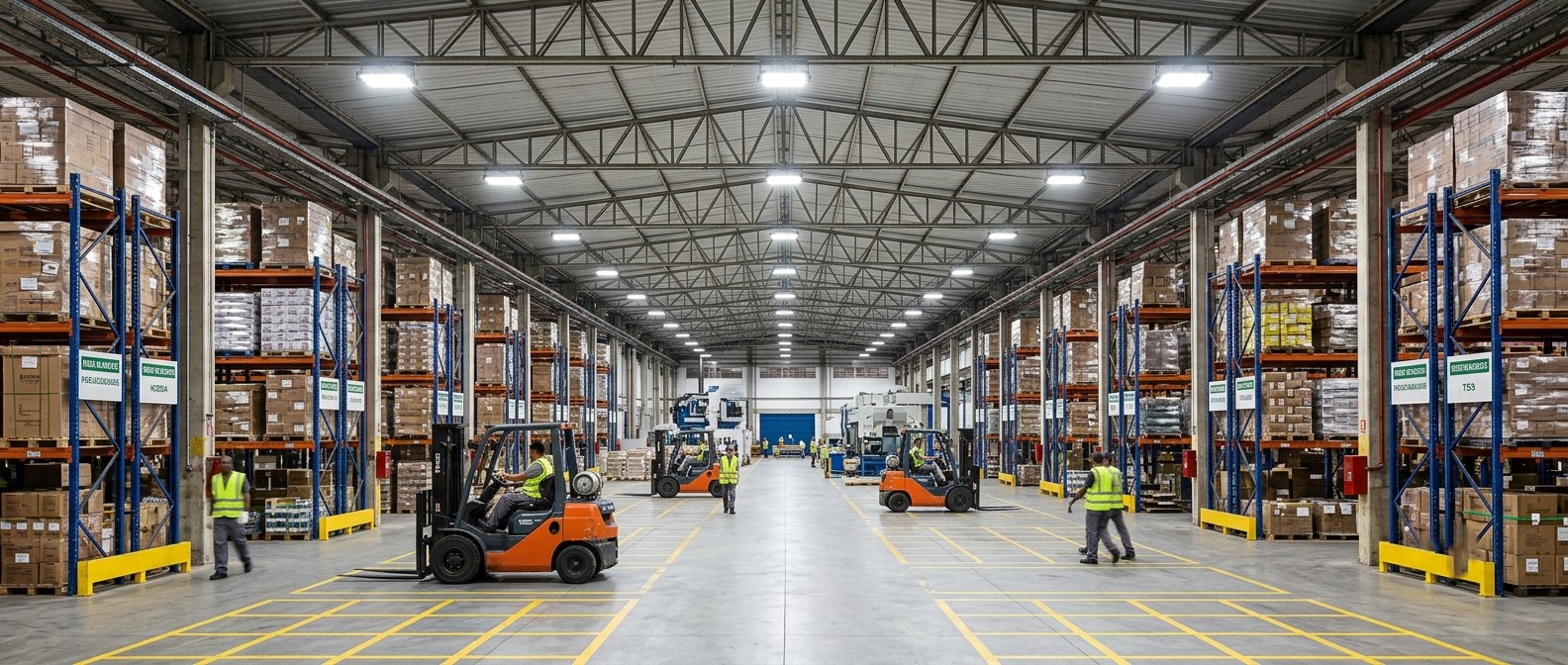 Galpão logístico industrial amplo e bem iluminado com luminárias de LED de alta potência estilo High Bay após serviço de retrofit.